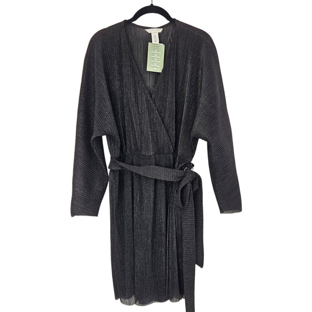 NWT Minimalist Black Ribbed Wrap Sparkle Tie Deep V Long Sleeve Dress Size: Med